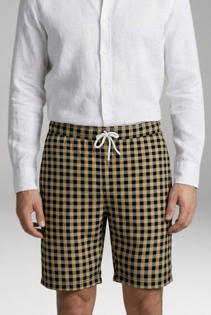 Men's Geometric Checkered Drawstring Shorts with Side Pockets
