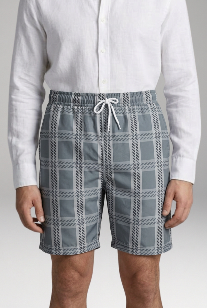 Men's Geometric Checkered Drawstring Shorts with Side Pockets