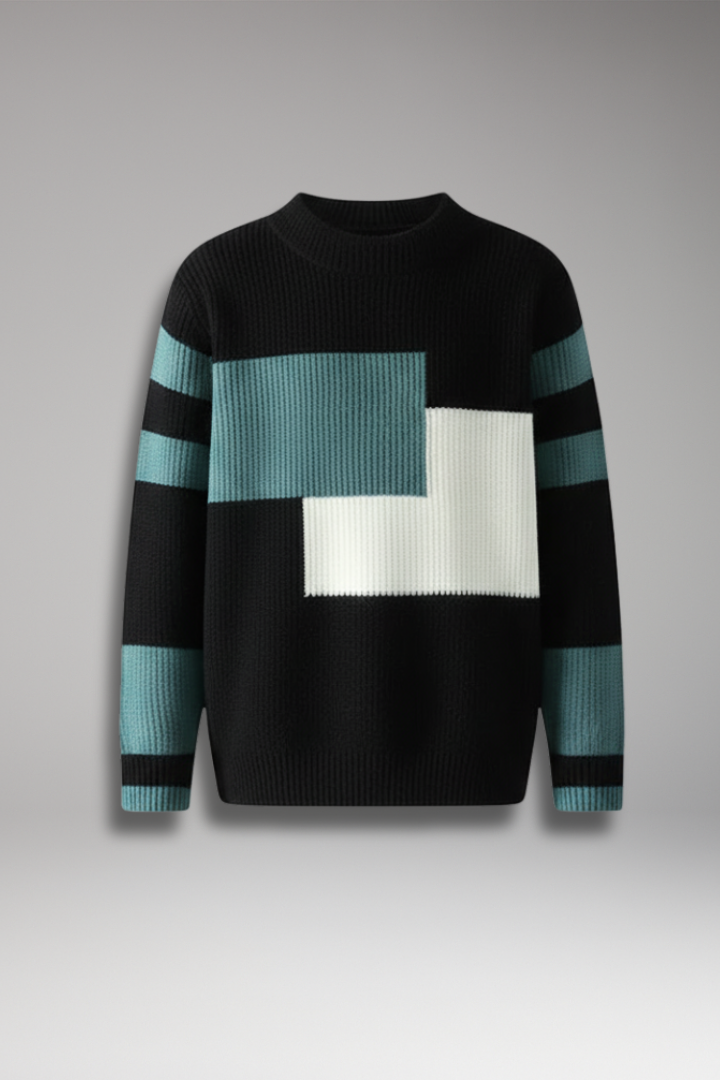 Men’s Geometric Knit Jumper with High Neck and Ribbed Texture