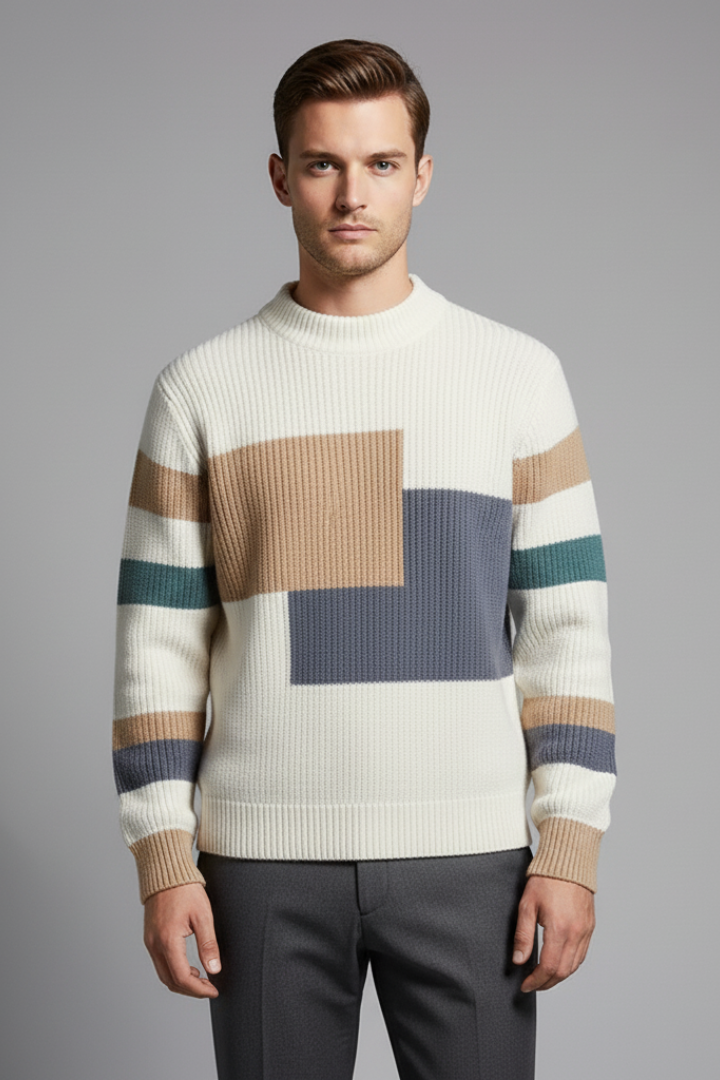 Men’s Geometric Knit Jumper with High Neck and Ribbed Texture