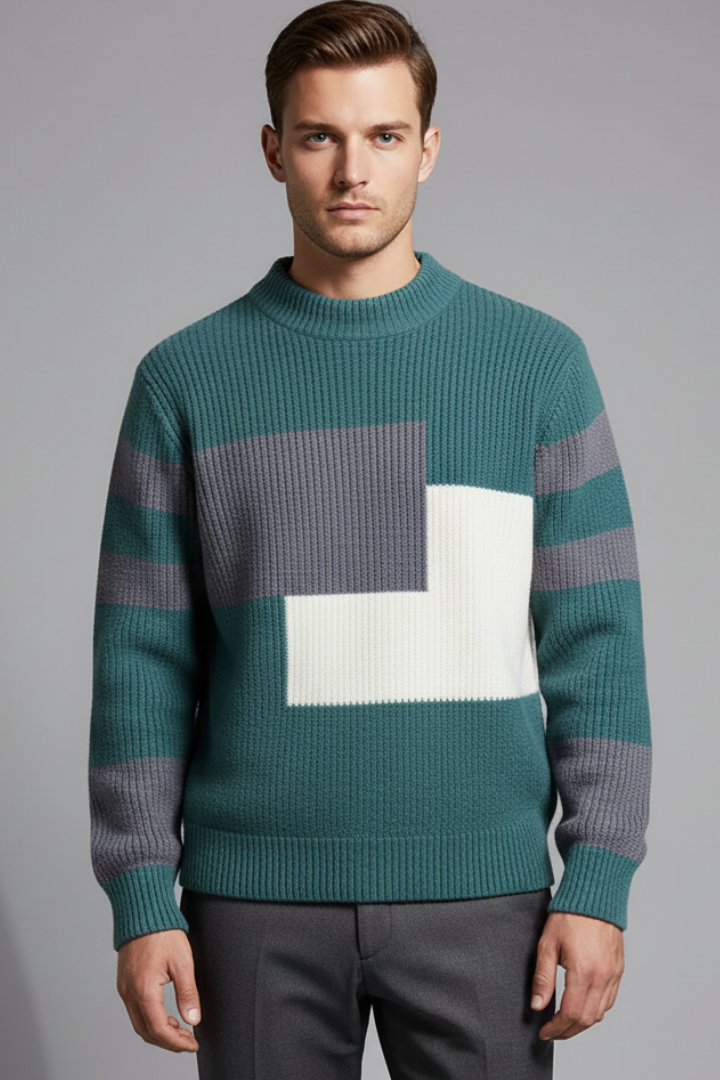 Men’s Geometric Knit Jumper with High Neck and Ribbed Texture