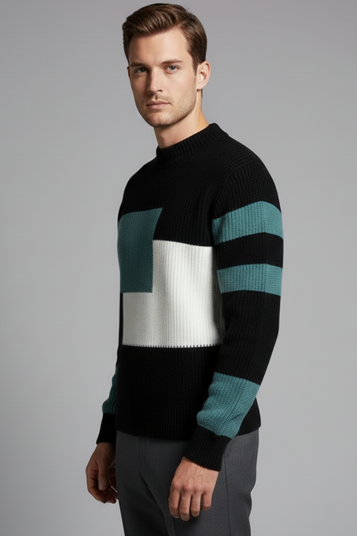 Men’s Geometric Knit Jumper with High Neck and Ribbed Texture