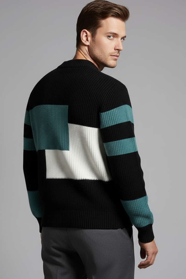 Men’s Geometric Knit Jumper with High Neck and Ribbed Texture