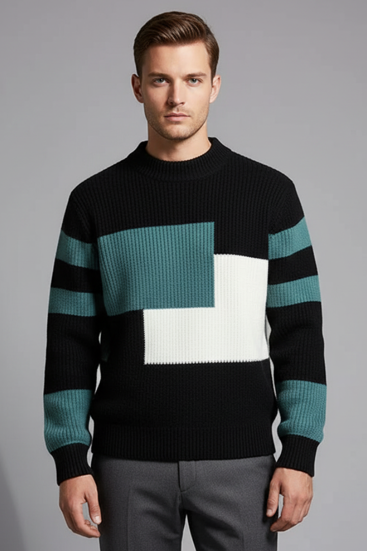 Men’s Geometric Knit Jumper with High Neck and Ribbed Texture