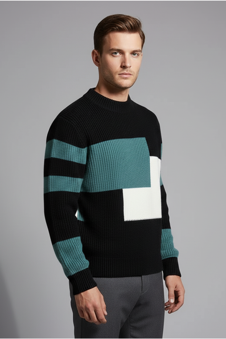 Men’s Geometric Knit Jumper with High Neck and Ribbed Texture