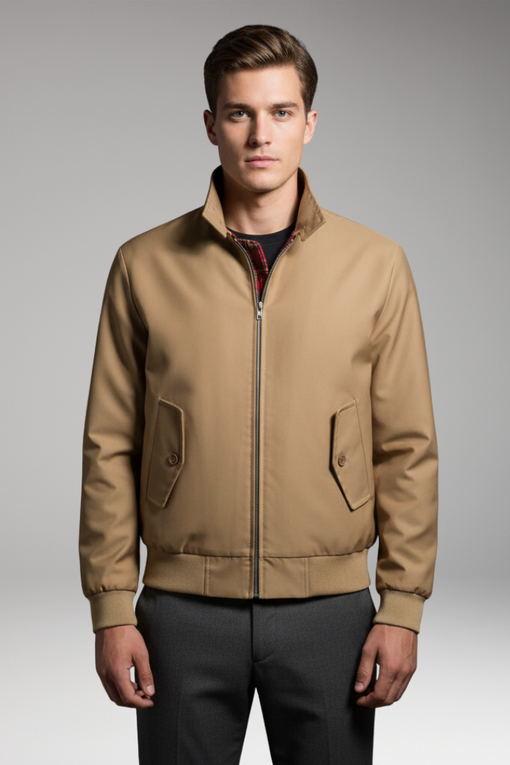 Men’s Harrington Jacket with Zip Closure and Checked Lining