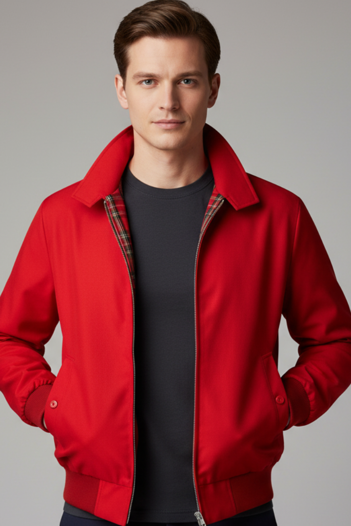 Men’s Harrington Jacket with Zip Closure and Checked Lining
