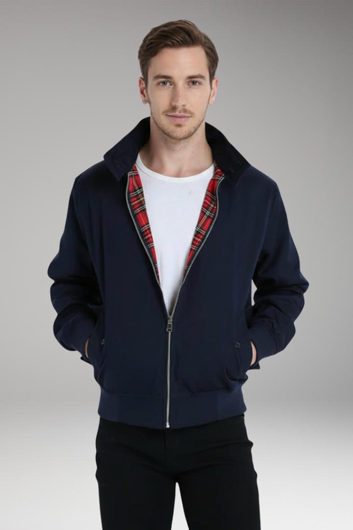 Men’s Harrington Jacket with Zip Closure and Checked Lining