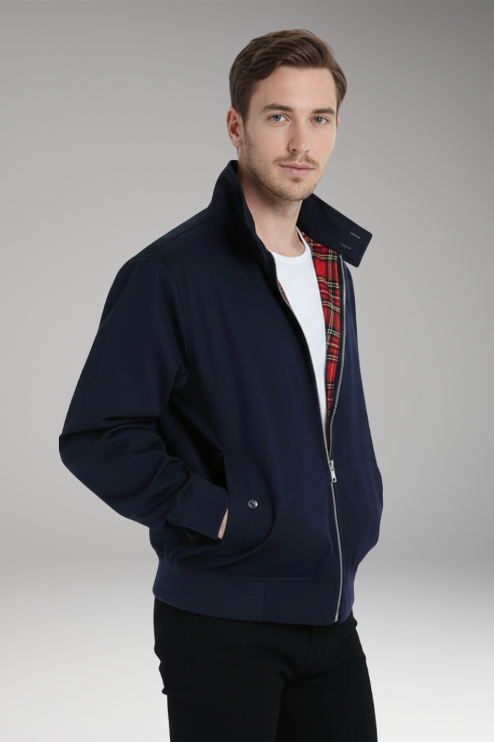 Men’s Harrington Jacket with Zip Closure and Checked Lining