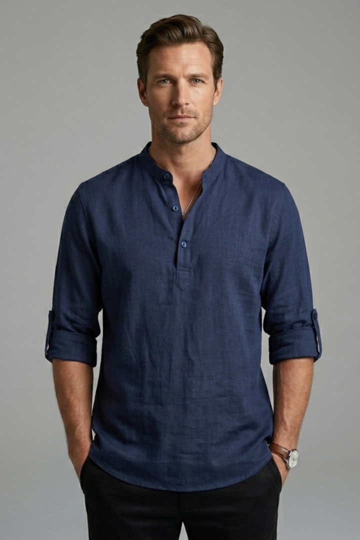 Men's Henley Shirt with Long Sleeves and Button Placket