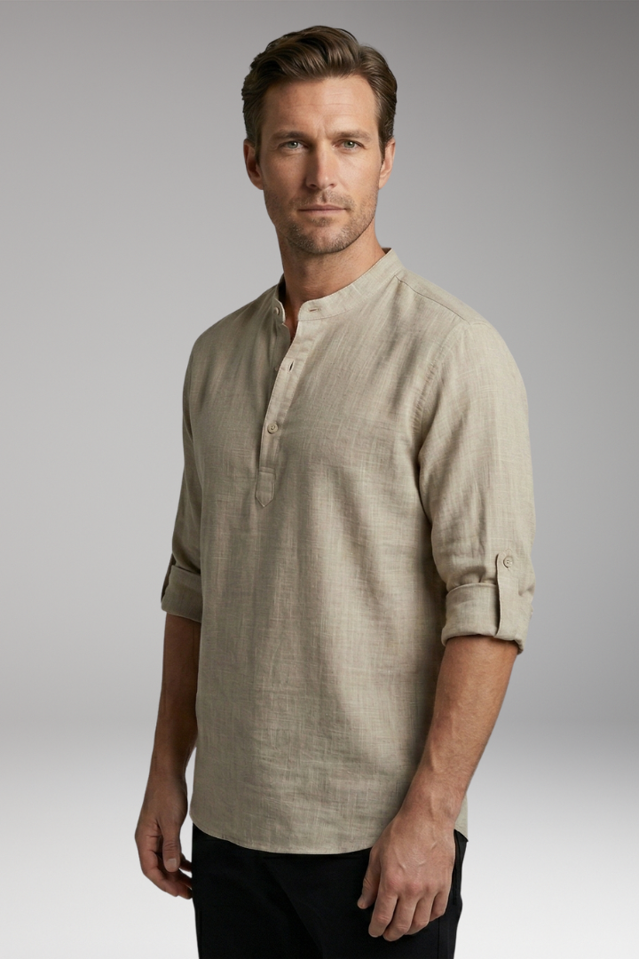 Men's Henley Shirt with Long Sleeves and Button Placket