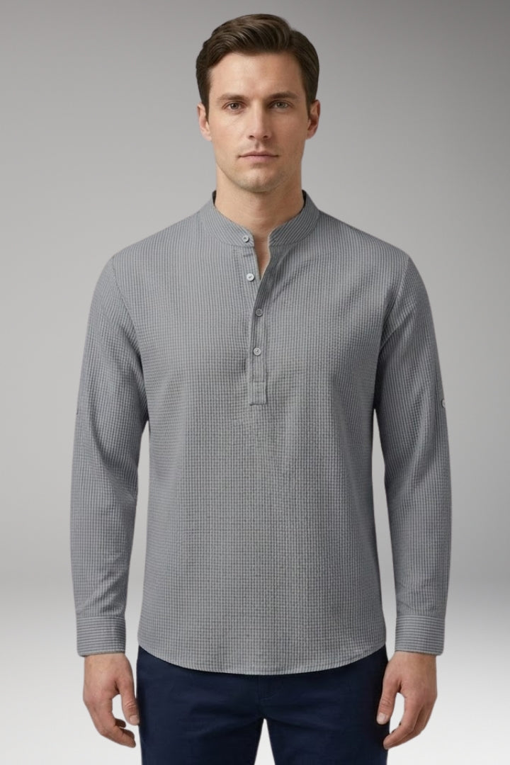 Men's Henley Shirt with Stand-up Collar and Rollable Sleeves