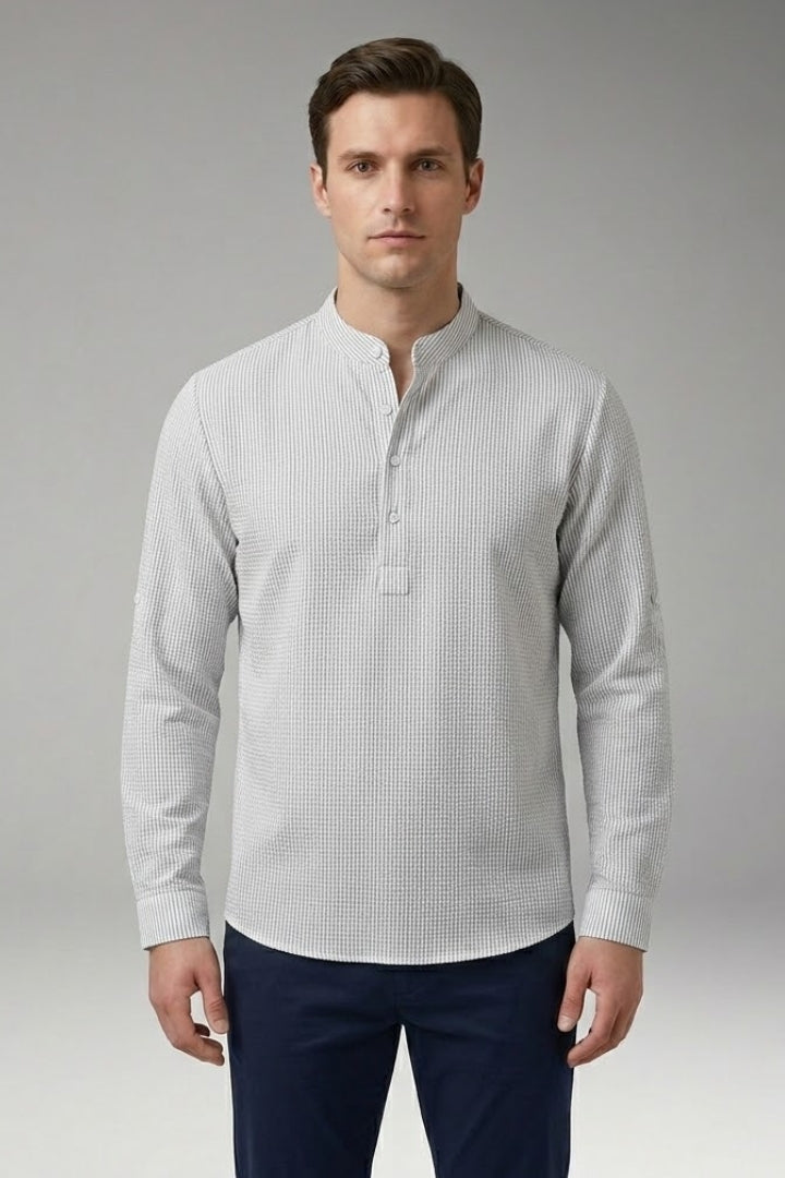 Men's Henley Shirt with Stand-up Collar and Rollable Sleeves