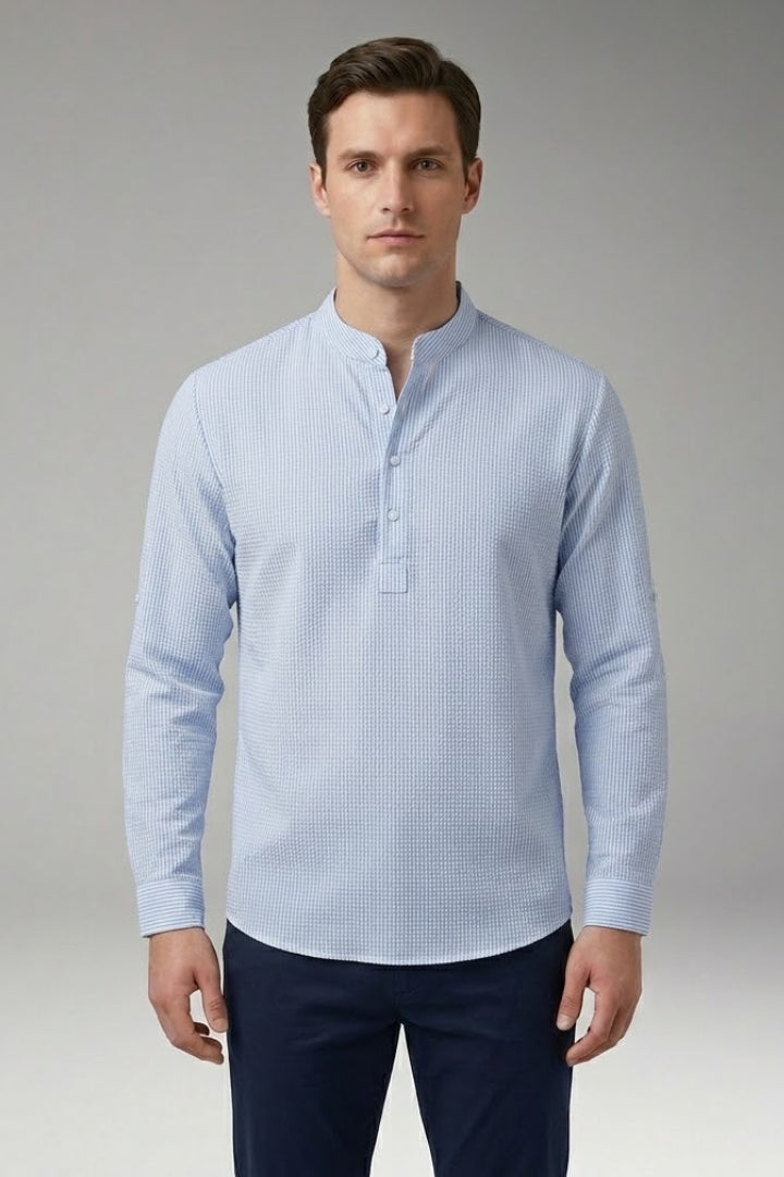 Men's Henley Shirt with Stand-up Collar and Rollable Sleeves