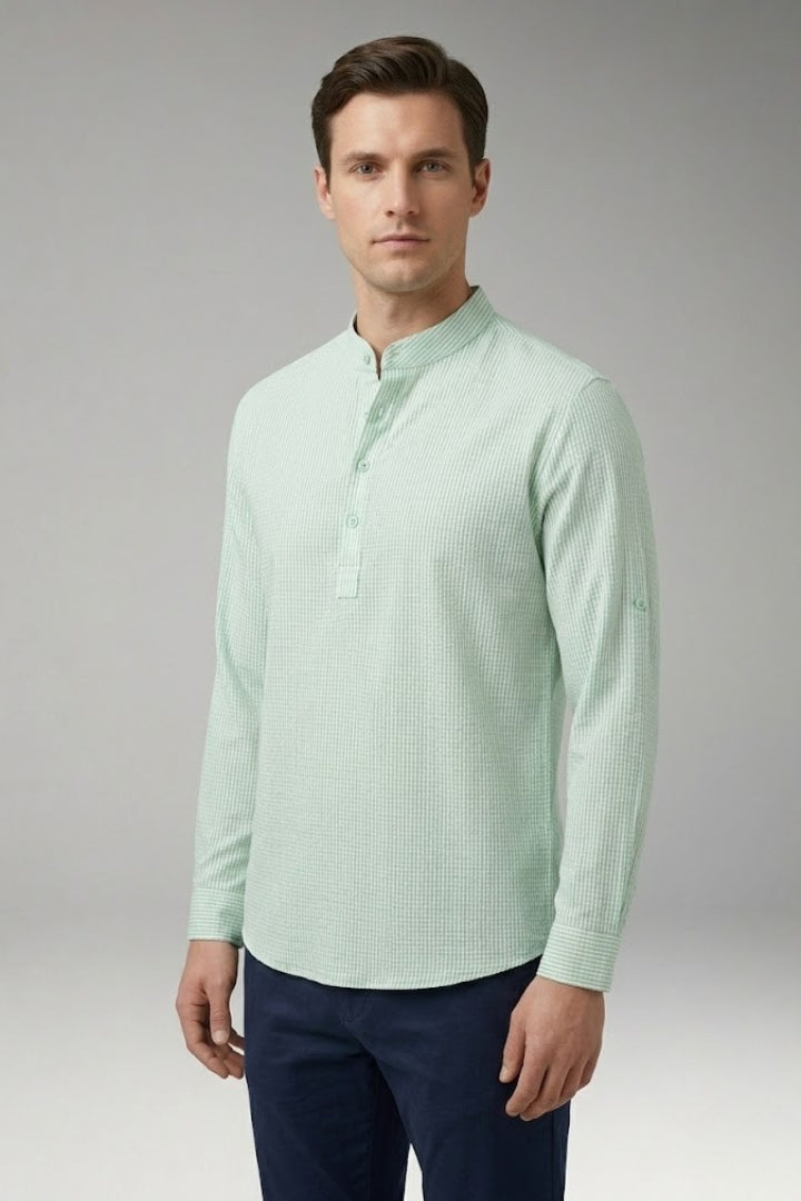 Men's Henley Shirt with Stand-up Collar and Rollable Sleeves