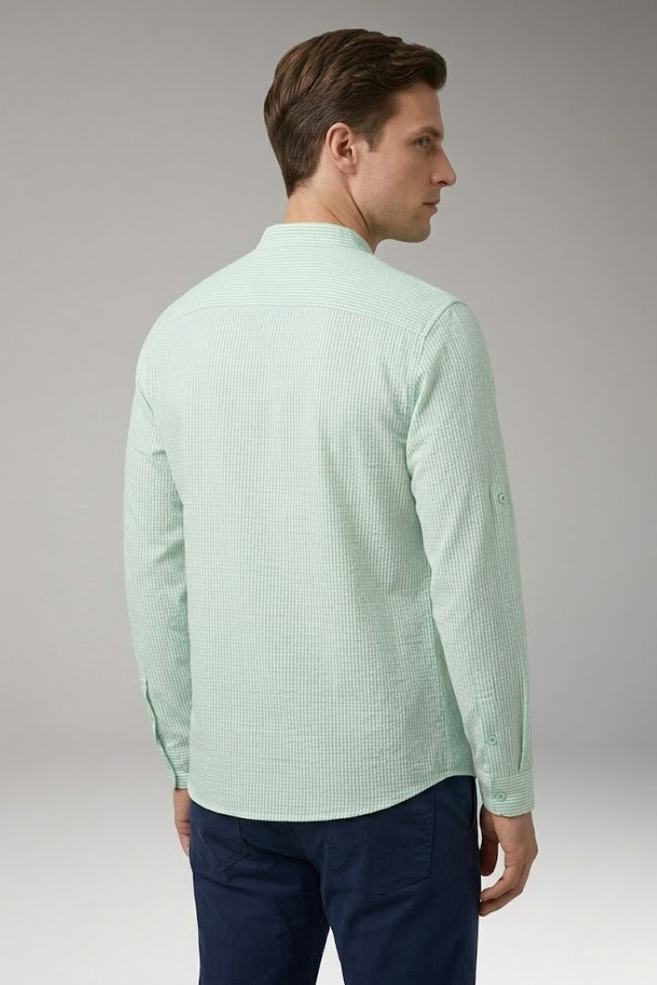 Men's Henley Shirt with Stand-up Collar and Rollable Sleeves
