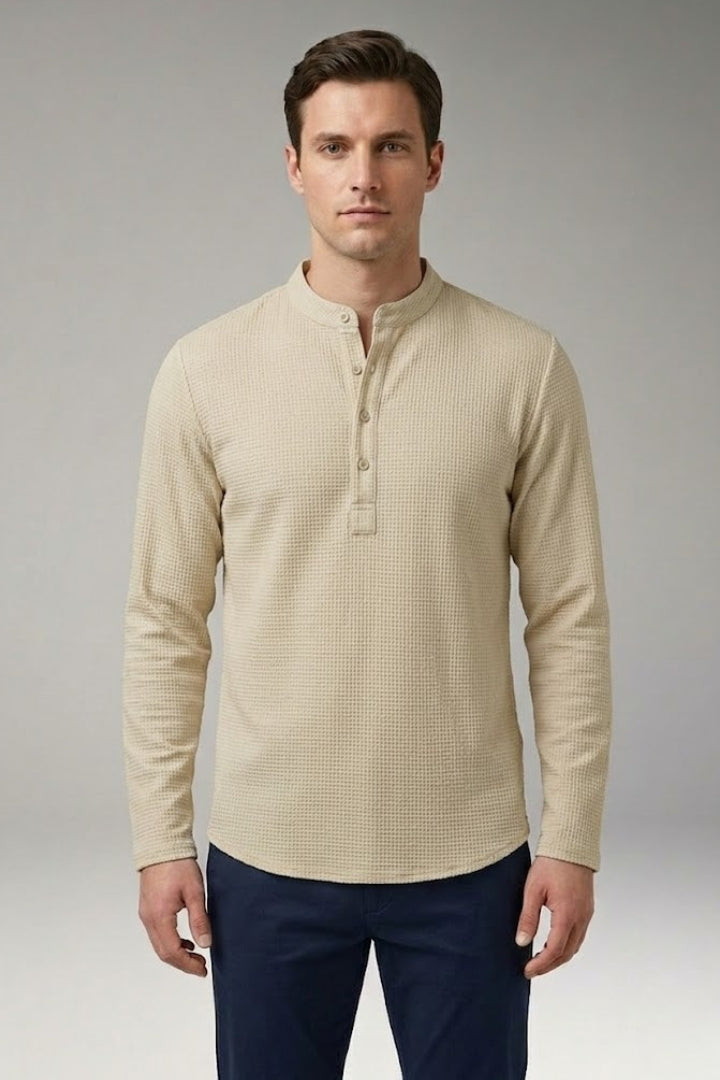 Men's Henley Shirt with Stand-up Collar and Rollable Sleeves