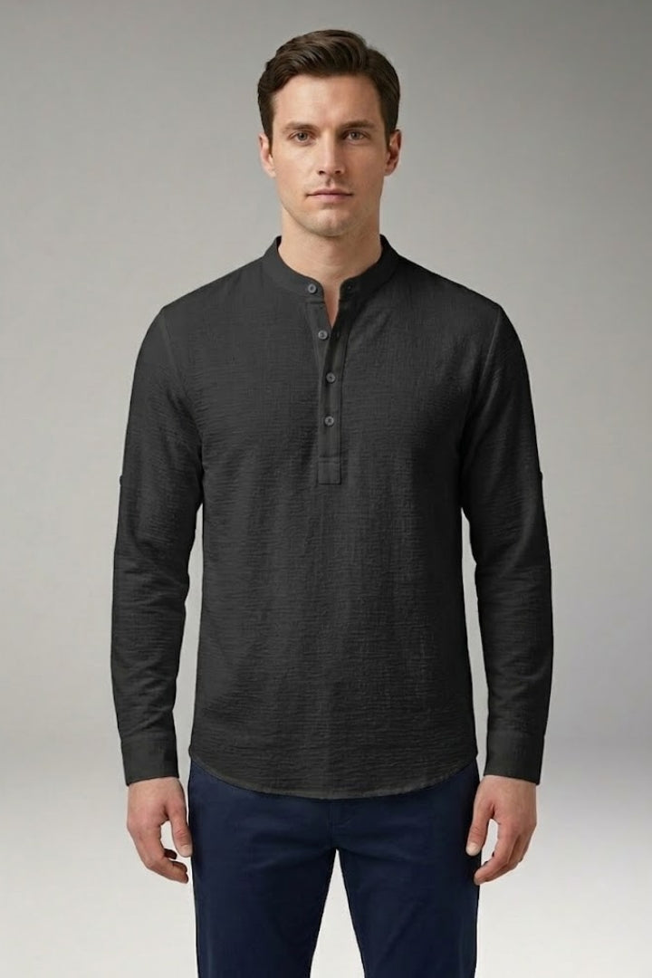Men's Henley Shirt with Stand-up Collar and Rollable Sleeves
