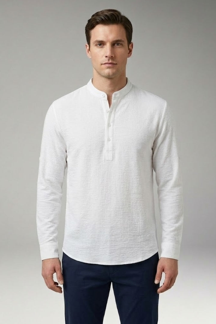 Men's Henley Shirt with Stand-up Collar and Rollable Sleeves
