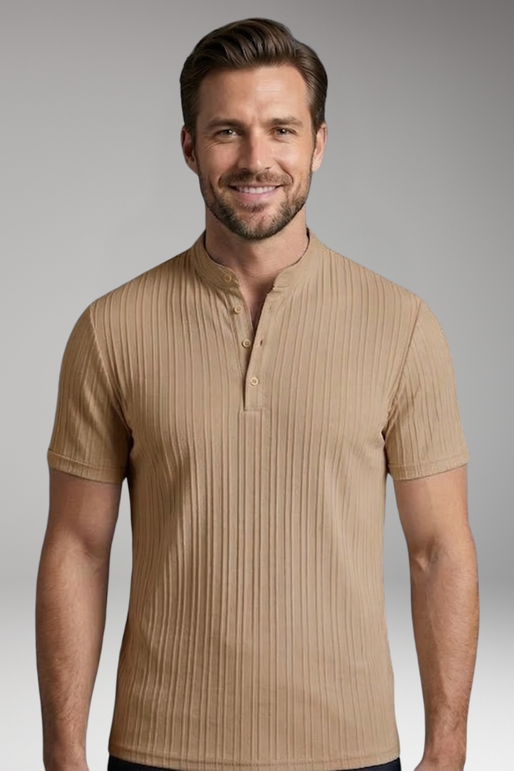 Men's Henley T-Shirt with Button Placket and Ribbed Surface