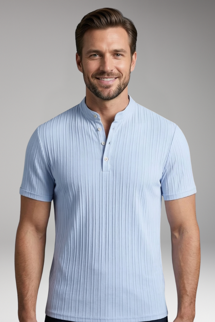 Men's Henley T-Shirt with Button Placket and Ribbed Surface