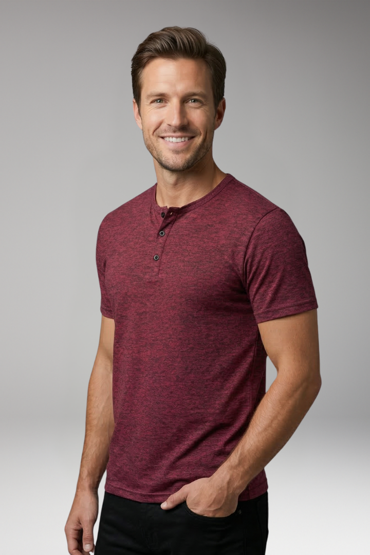 Men's Henley T-Shirt with Button Placket and Short Sleeves