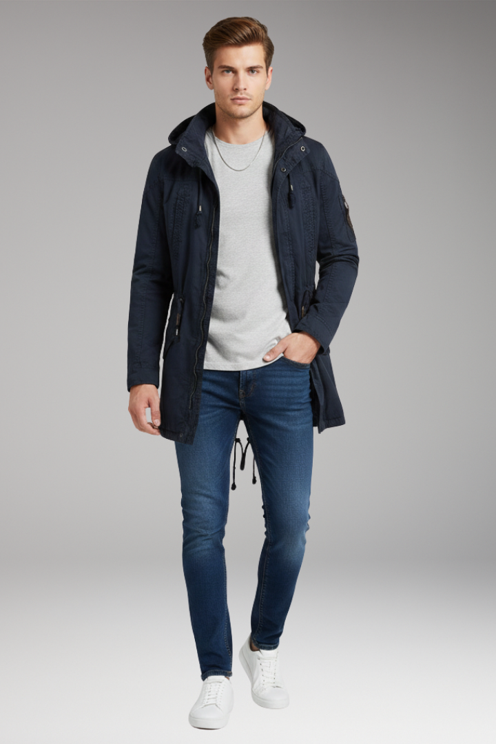 Men’s Hooded Jacket with Drawstring Waist and Front Pockets