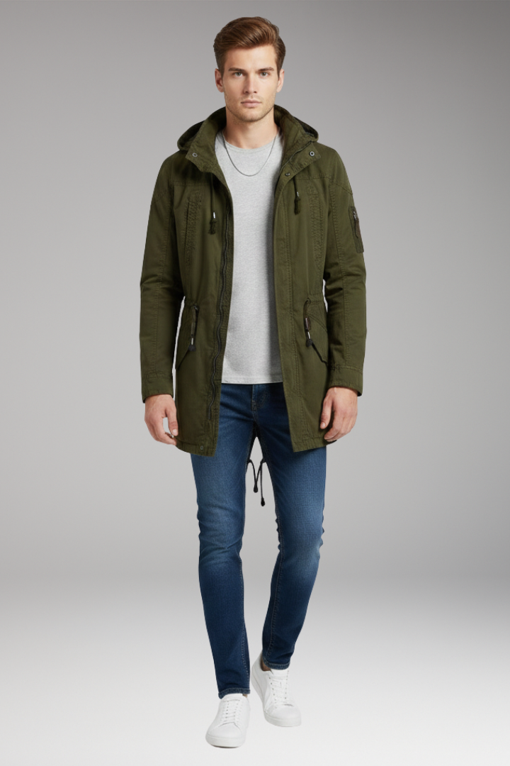 Men’s Hooded Jacket with Drawstring Waist and Front Pockets