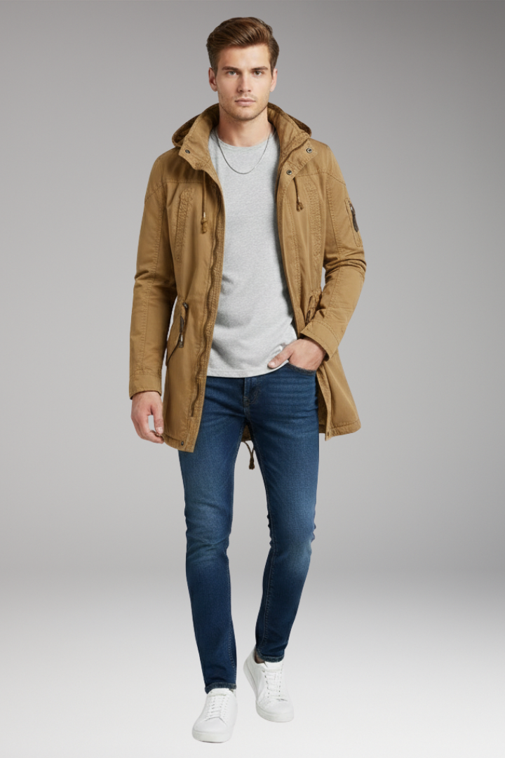 Men’s Hooded Jacket with Drawstring Waist and Front Pockets