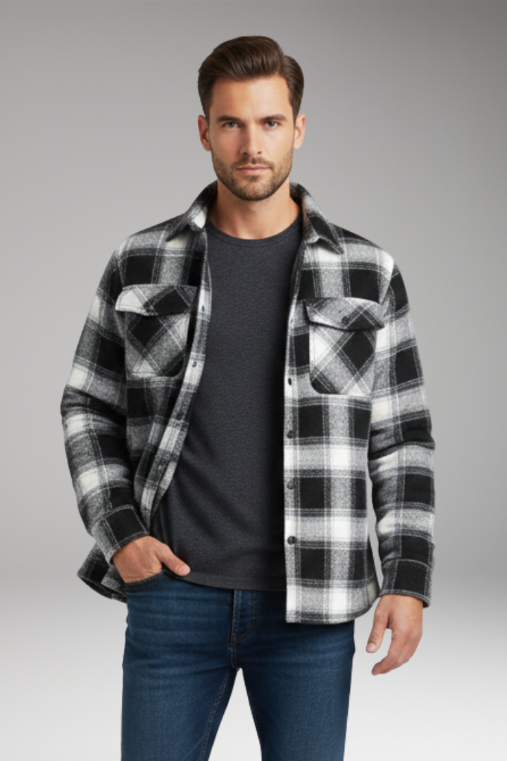Men's Jacket with Button Fastening and Quilted Lining