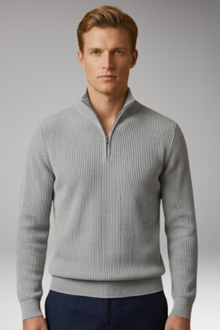 Men's Jumper with Half-Zip Collar and Ribbed Surface