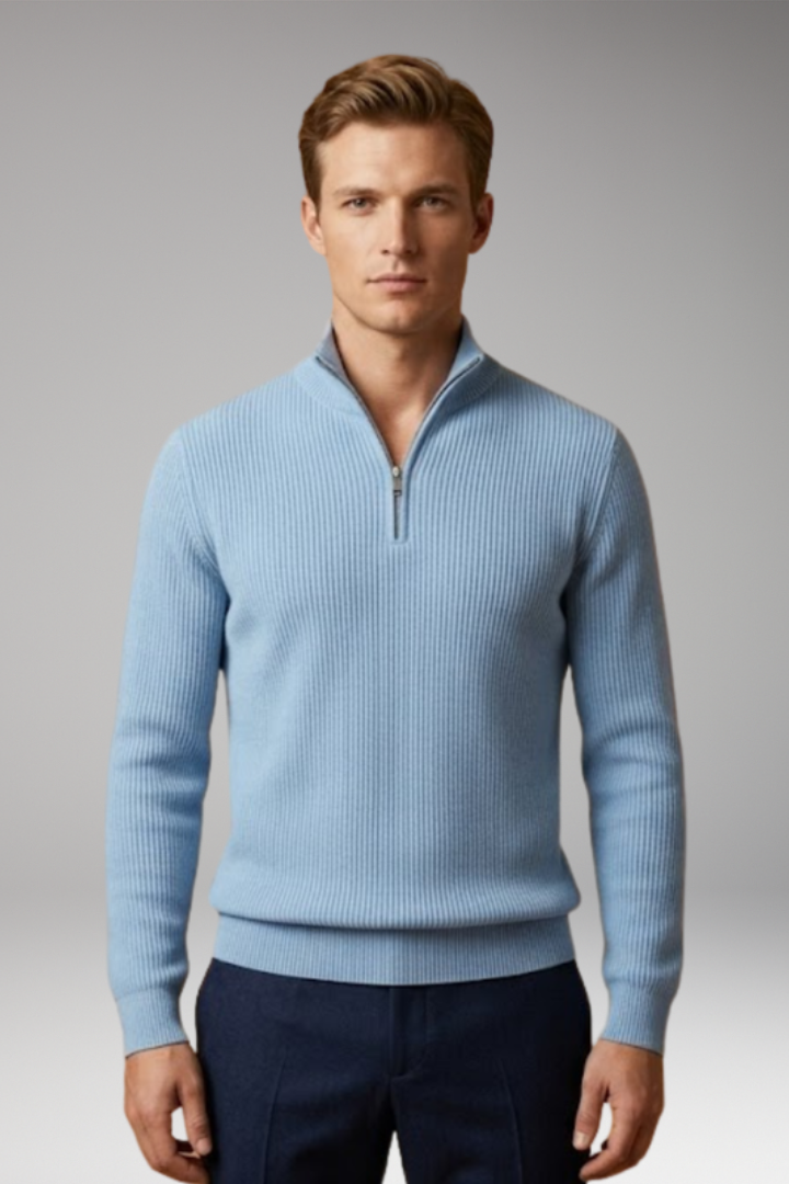 Men's Jumper with Half-Zip Collar and Ribbed Surface