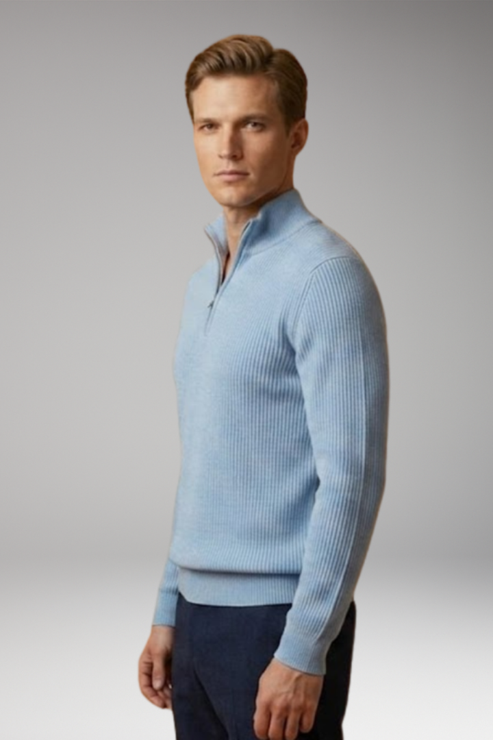 Men's Jumper with Half-Zip Collar and Ribbed Surface