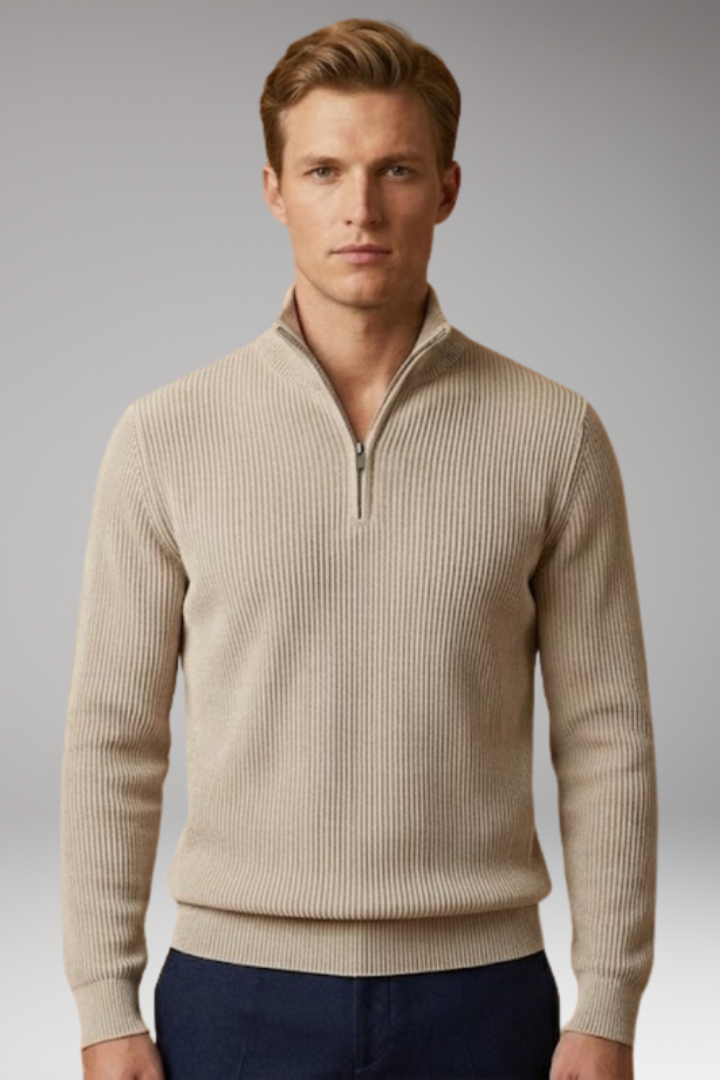 Men's Jumper with Half-Zip Collar and Ribbed Surface