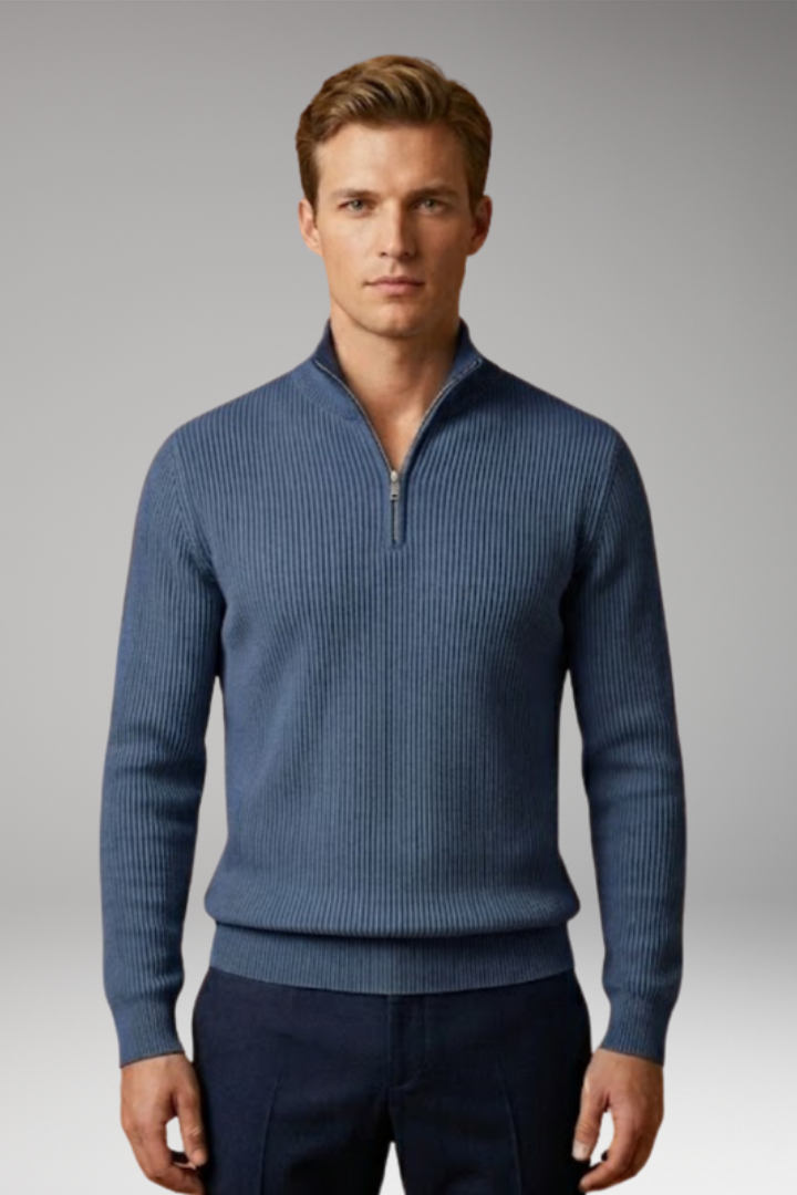 Men's Jumper with Half-Zip Collar and Ribbed Surface