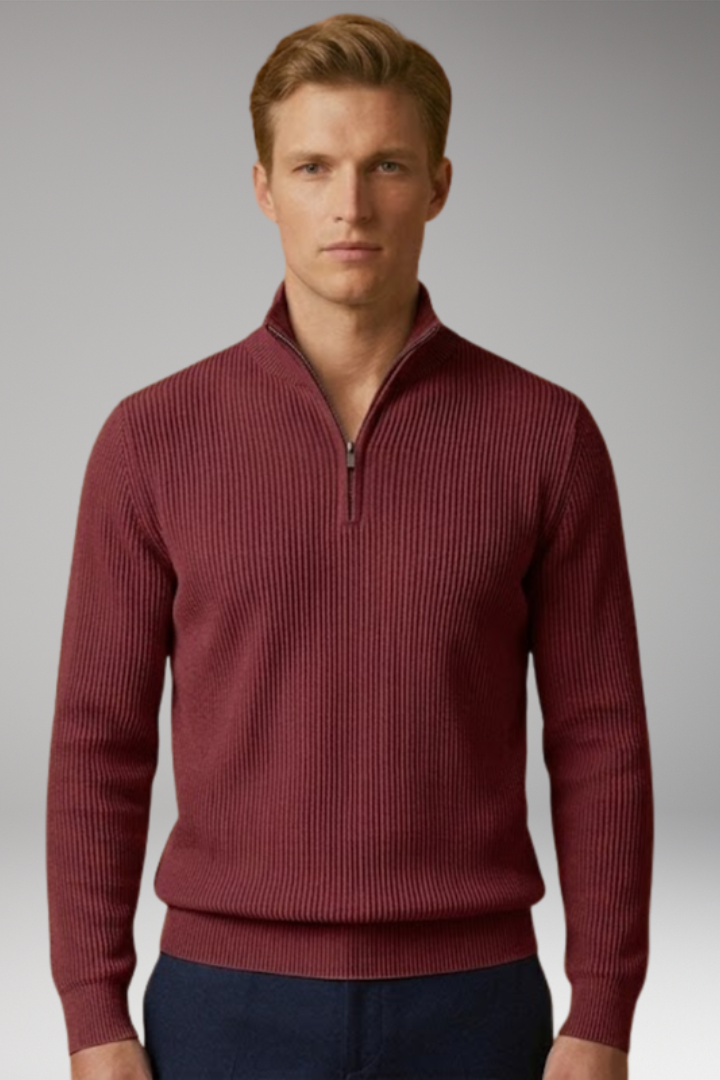 Men's Jumper with Half-Zip Collar and Ribbed Surface