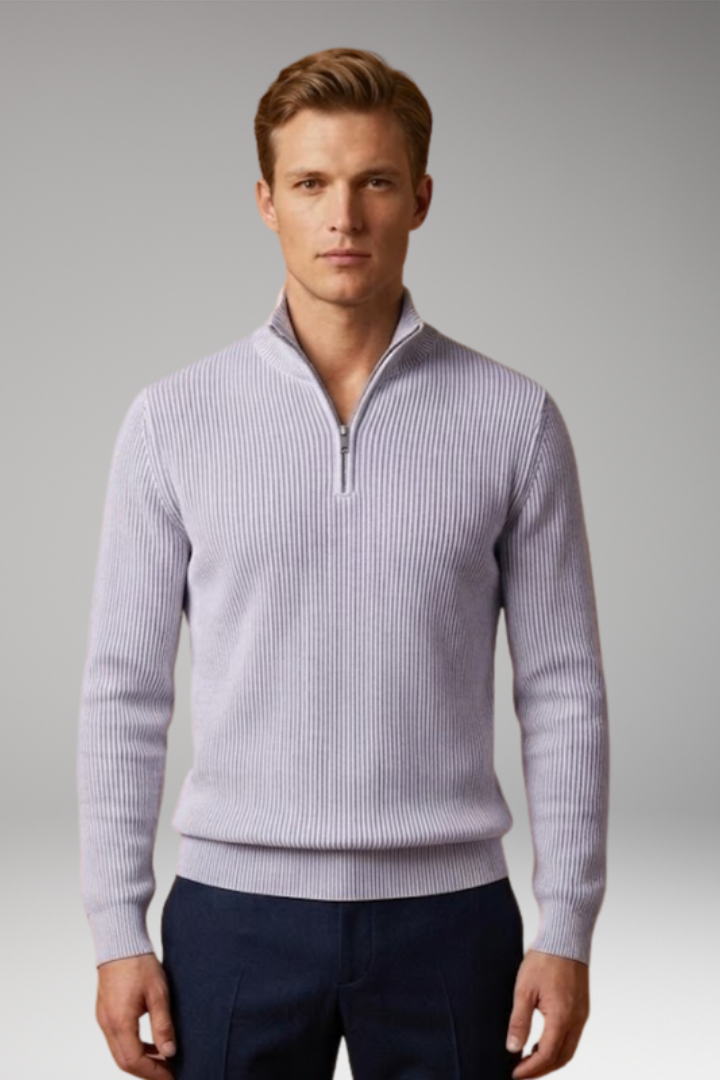 Men's Jumper with Half-Zip Collar and Ribbed Surface