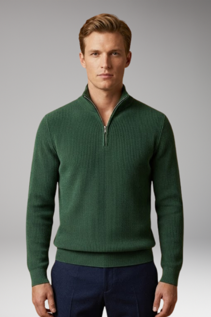 Men's Jumper with Half-Zip Collar and Ribbed Surface