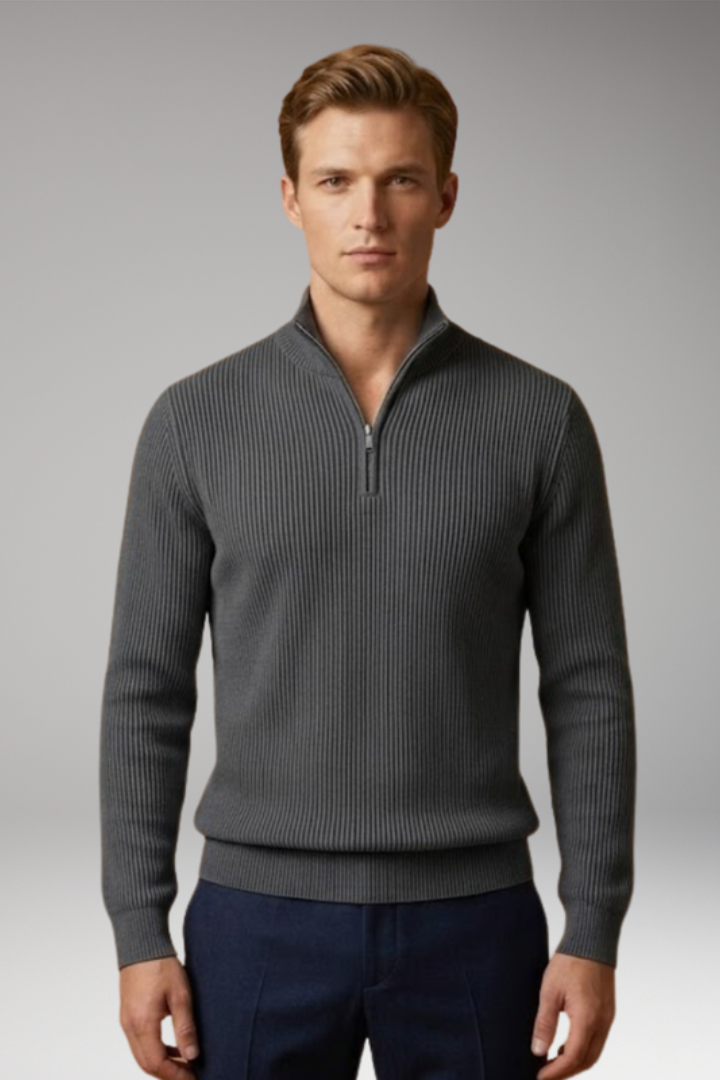 Men's Jumper with Half-Zip Collar and Ribbed Surface