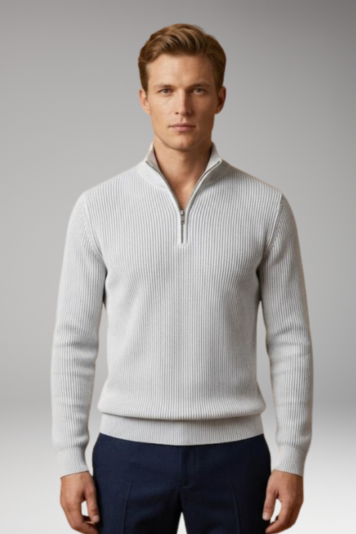 Men's Jumper with Half-Zip Collar and Ribbed Surface
