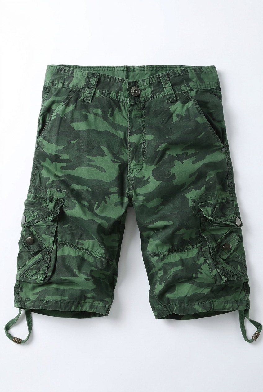 Men's Knee-Length Cargo Shorts with Multi-Flap Pockets and Drawstring Hems
