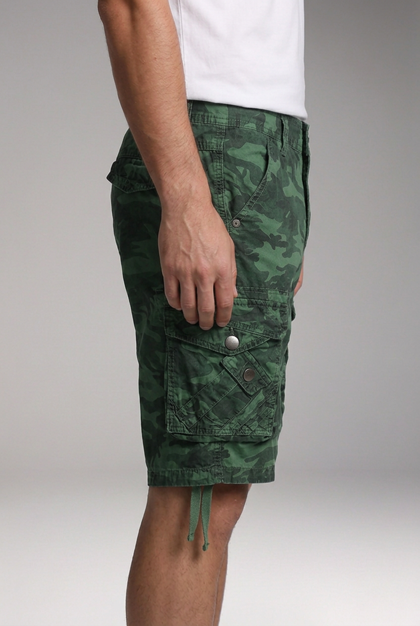 Men's Knee-Length Cargo Shorts with Multi-Flap Pockets and Drawstring Hems