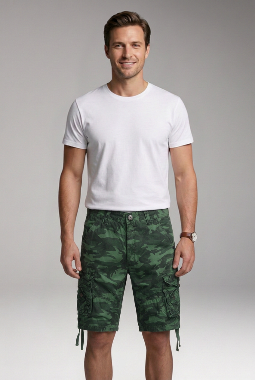 Men's Knee-Length Cargo Shorts with Multi-Flap Pockets and Drawstring Hems