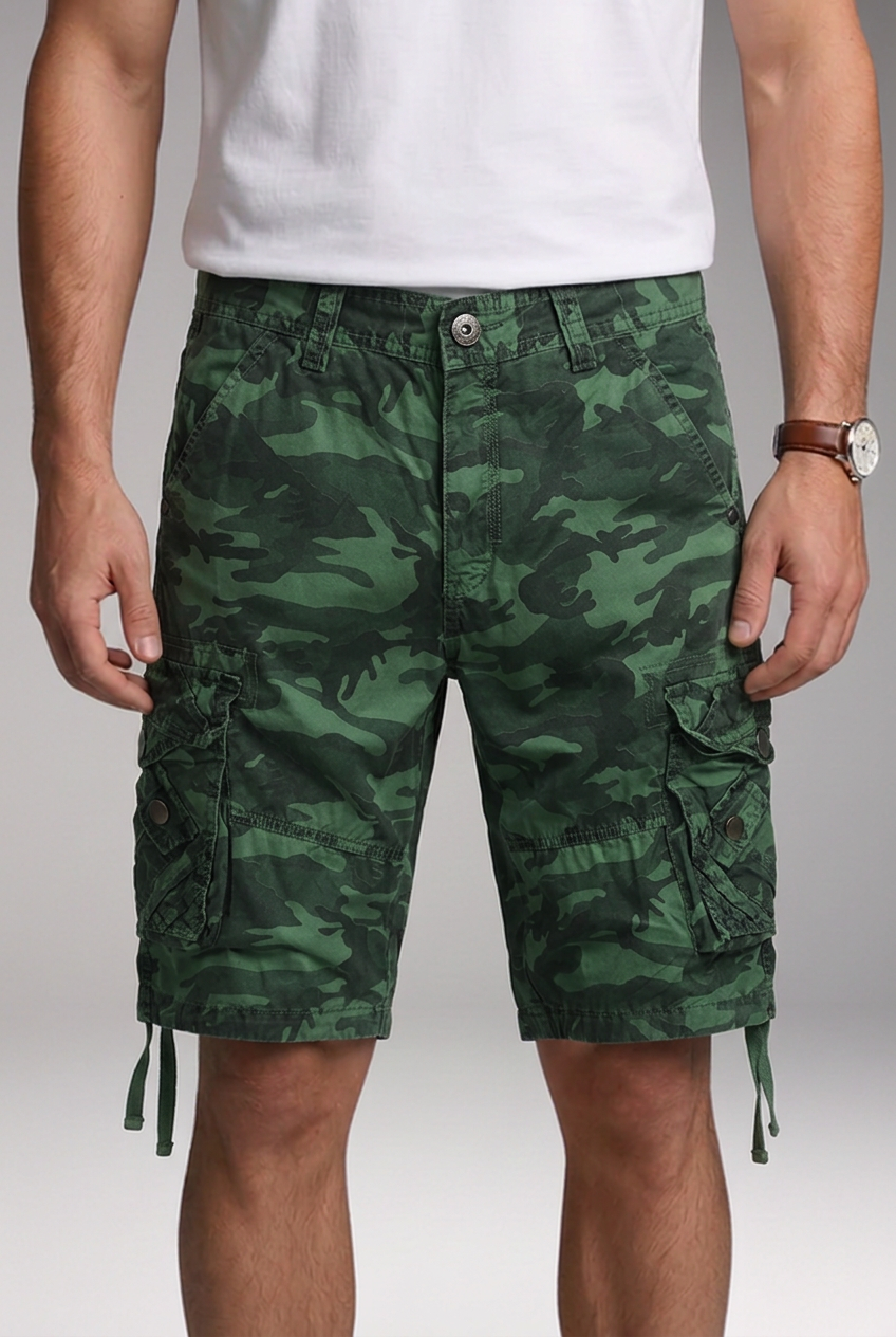 Men's Knee-Length Cargo Shorts with Multi-Flap Pockets and Drawstring Hems