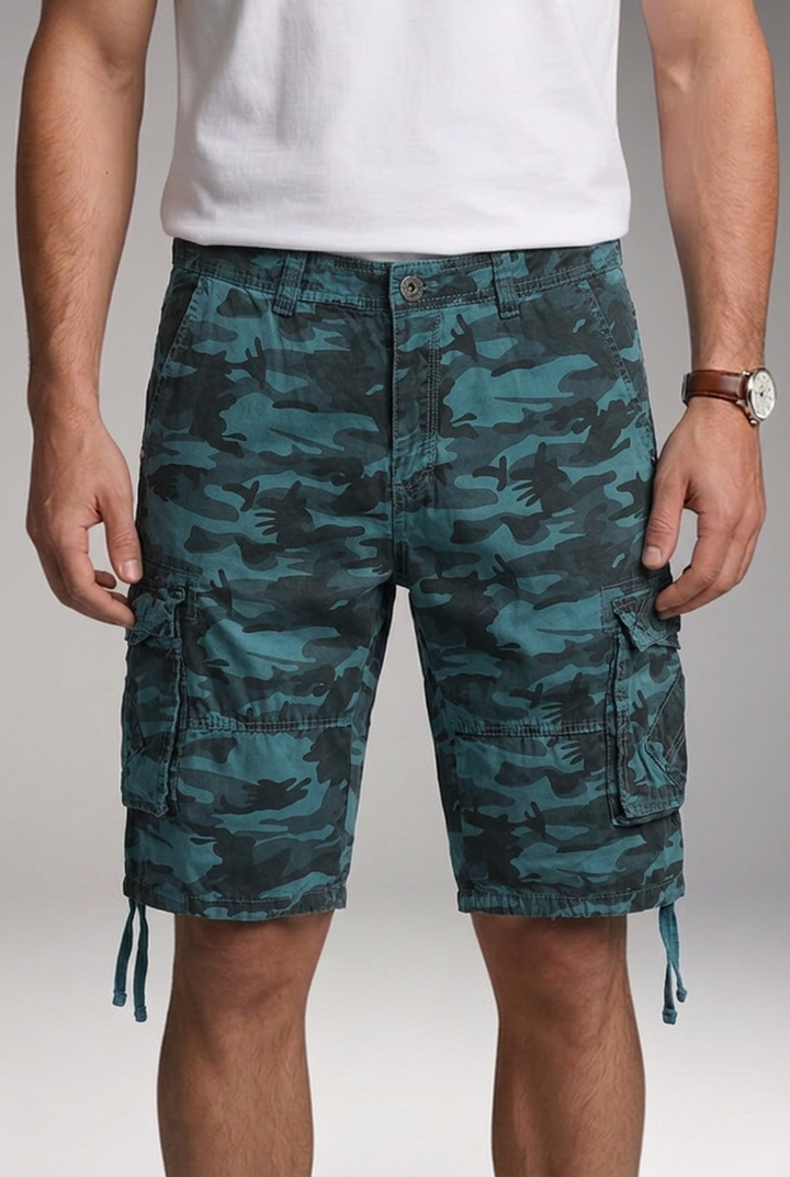 Men's Knee-Length Cargo Shorts with Multi-Flap Pockets and Drawstring Hems