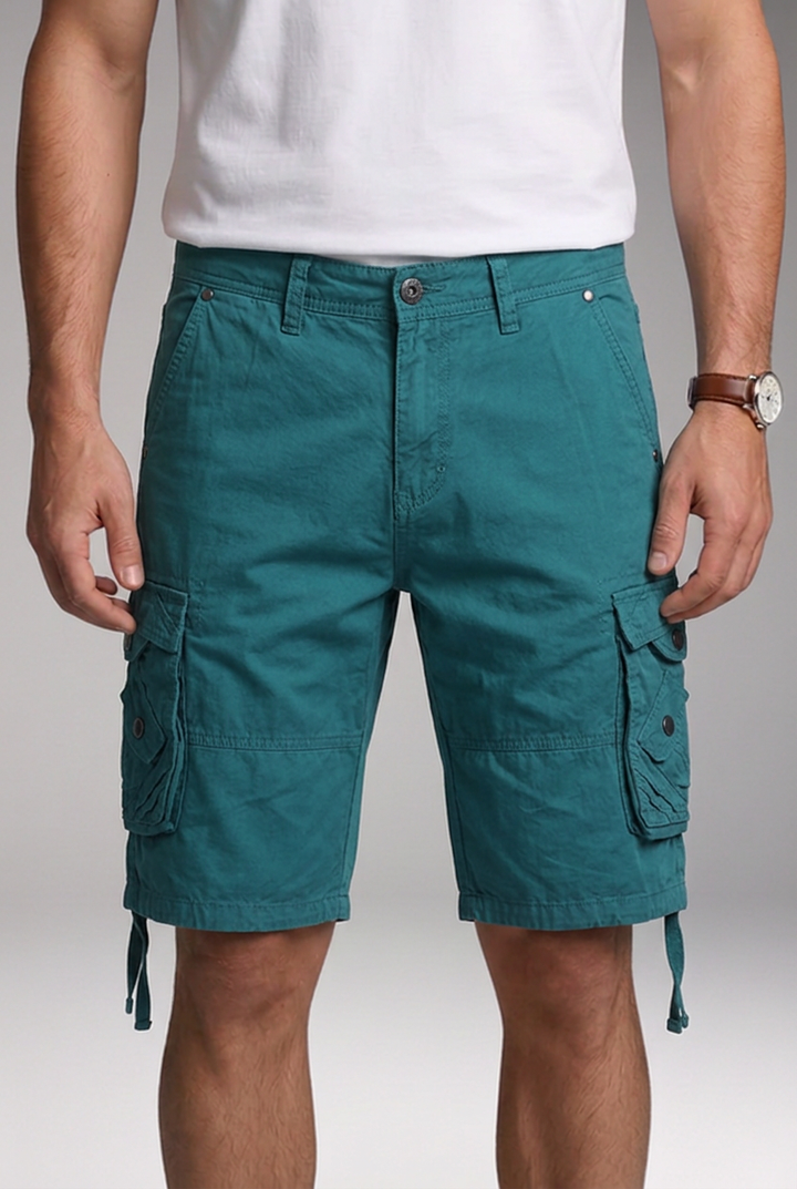 Men's Knee-Length Cargo Shorts with Multi-Flap Pockets and Drawstring Hems