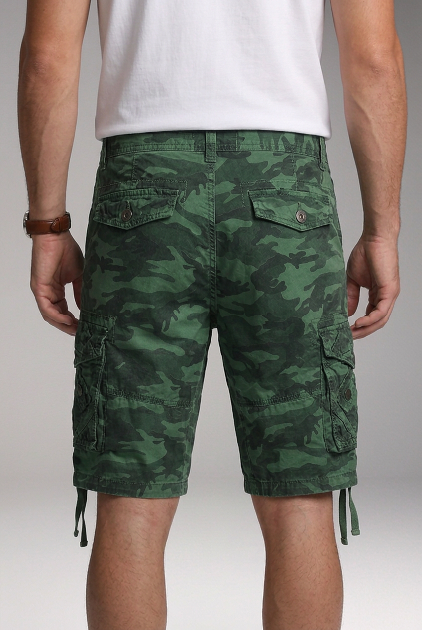 Men's Knee-Length Cargo Shorts with Multi-Flap Pockets and Drawstring Hems