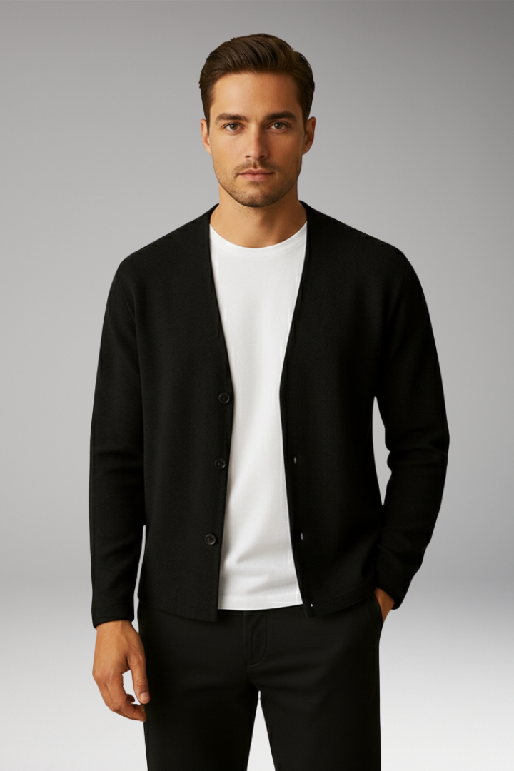Men’s Knit Cardigan with Two-Button Front and Ribbed Surface
