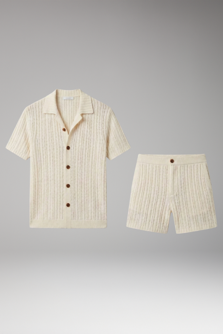 Men's Knit Set with Button-Up Top and Ribbed Surface Pattern