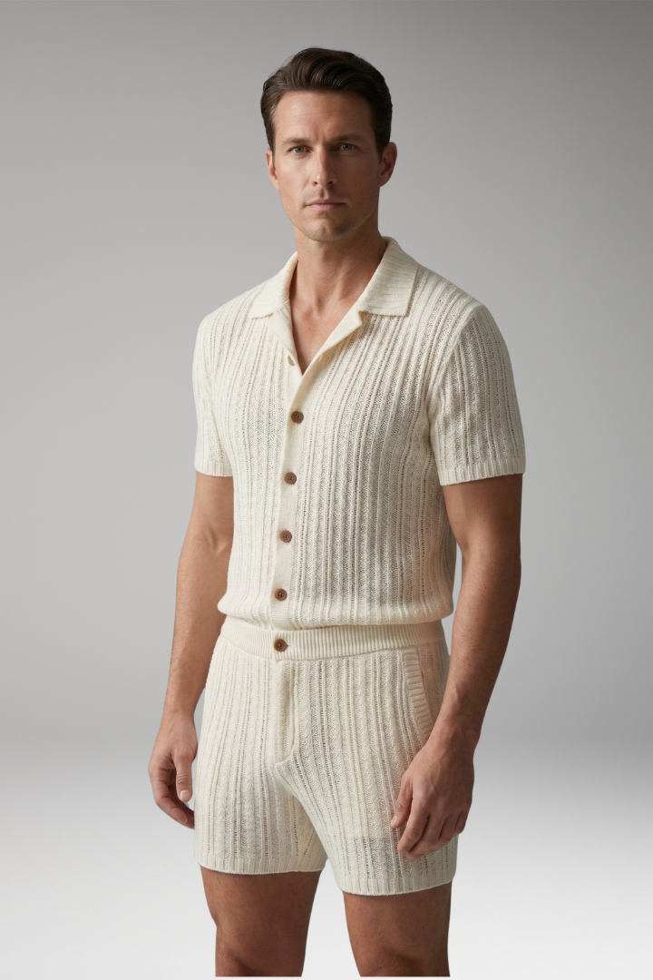 Men's Knit Set with Button-Up Top and Ribbed Surface Pattern